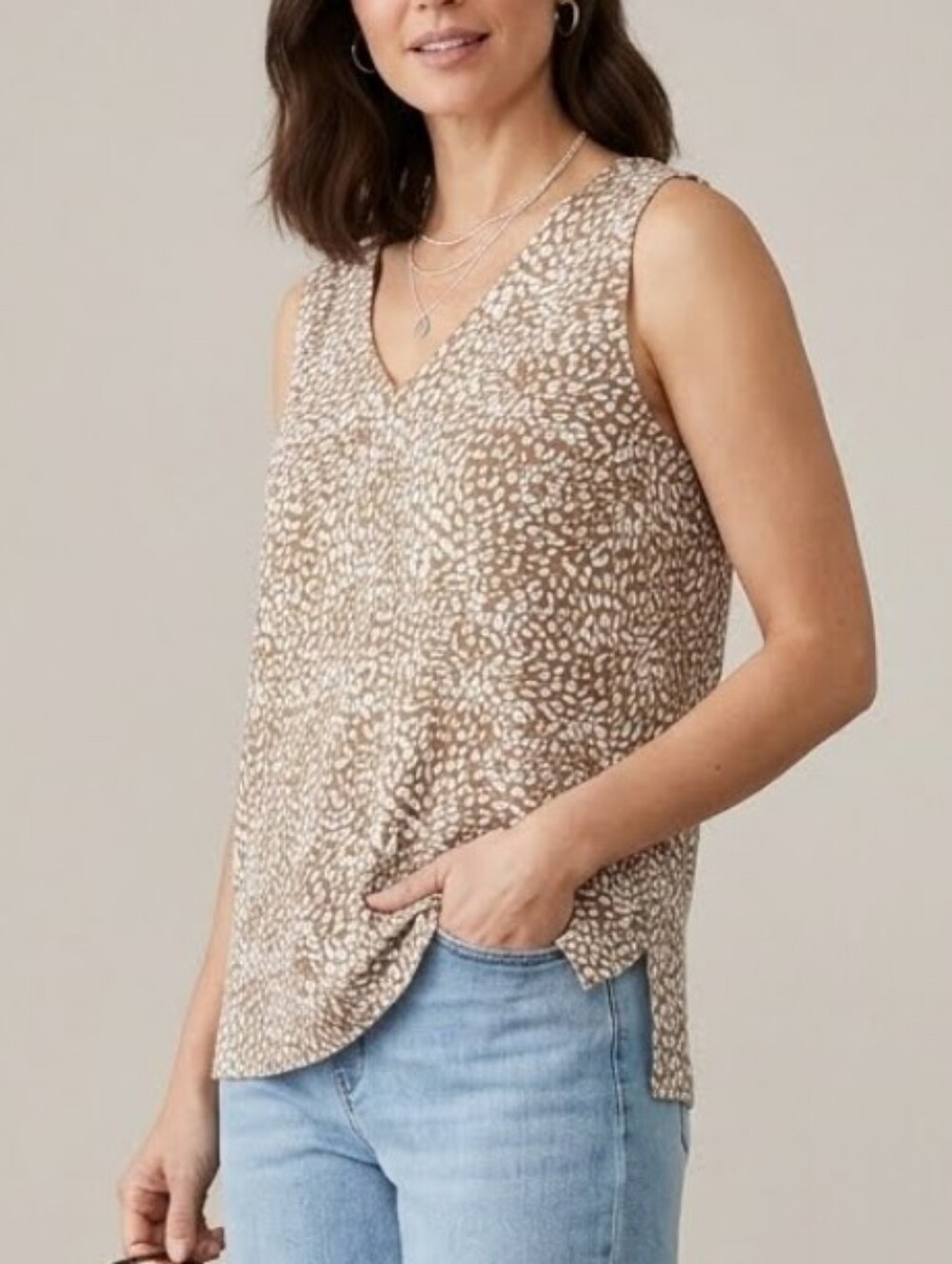 J. Jill Brown and White Leopard Print Sleeveless V-Neck Tank Sz M Petite